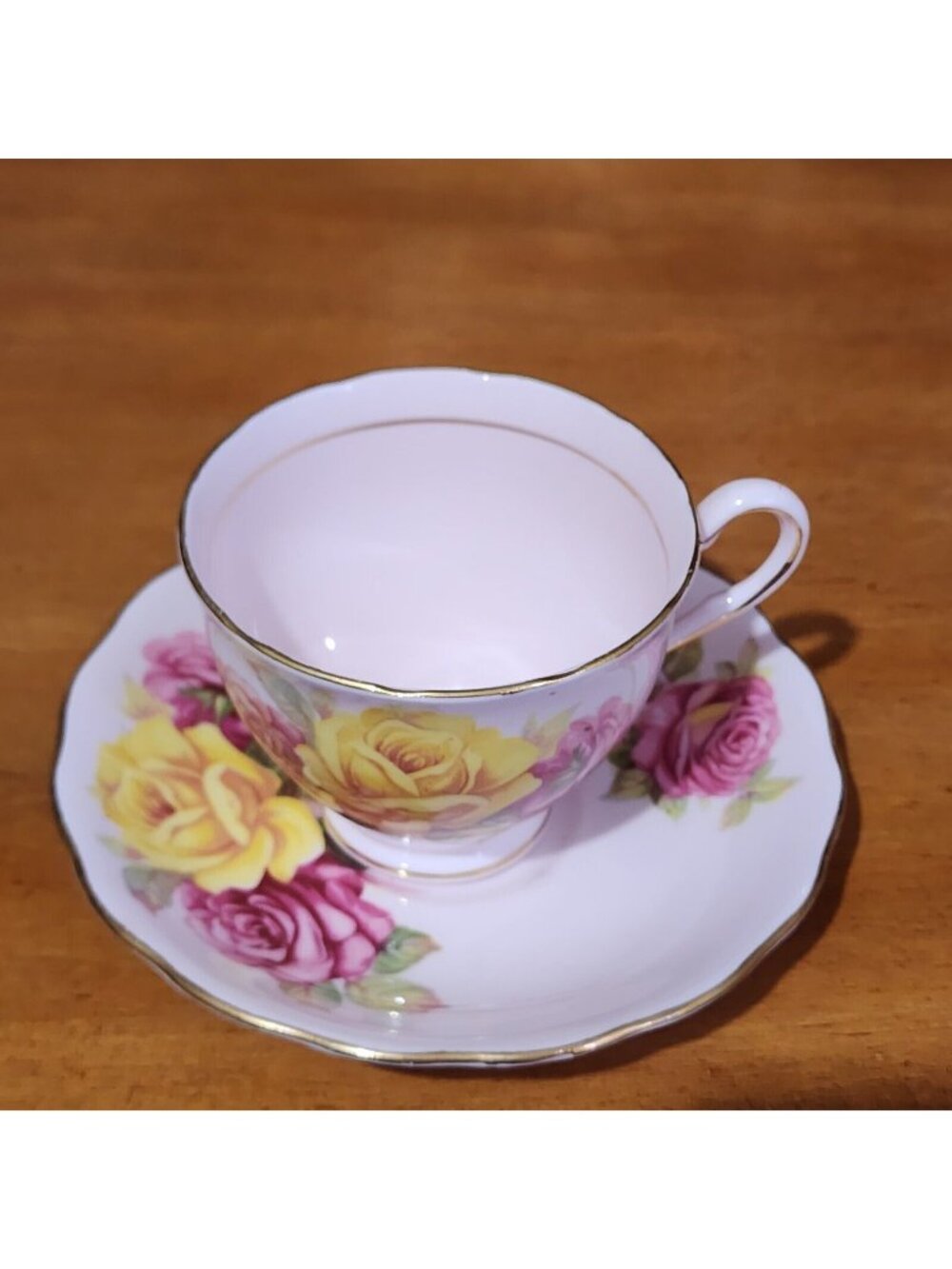 Colclough Vintage Rose Teacup Set Pink Yellow Cabbage Roses Bone China England